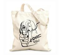 AILOONG Bolsa de compras reutilizable Chica asesina con frase de pistola, amor, matar, cigarrillo Tela de 12 oz de grosor Eslogan personalizable 35x40cm Grande