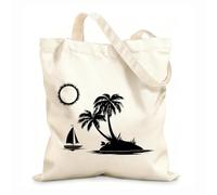 AILOONG Bolsa de compras reutilizable Isla Palma Barco Sol Mar Olas Tela de 12 oz de grosor Eslogan personalizable 25x30cm Pequeño