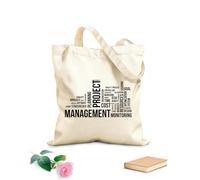 AILOONG Bolsa de compras reutilizable oficina de gestión de proyectos de nube de palabras Tela de 12 oz de grosor Eslogan personalizable 31x36cm Mediano