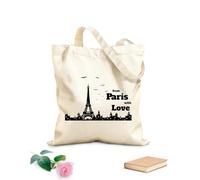 AILOONG Bolsa de compras reutilizable Tela de 12 oz de grosor Silueta de la ciudad de París con frase de amor Francia Eslogan personalizable 35x40cm Grande