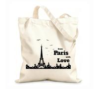 AILOONG Bolsa de compras reutilizable Tela de 12 oz de grosor Silueta de la ciudad de París con frase de amor Francia Eslogan personalizable 35x40cm Grande