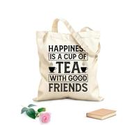 AILOONG Bolsa de lona con fondo reforzado La felicidad es una taza de té con buenos amigos amantes del té. Tela de 12 oz de grosor Se usa como bolsa de regalo 25x30cm Pequeño