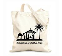 AILOONG Bolsa de lona con fondo reforzado Porque nos ha nacido un niño Jesús tipografía de la natividad Tela de 12 oz de grosor Se usa como bolsa de regalo 35x40cm Grande