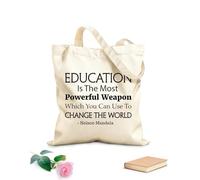 AILOONG Bolsa de playa de poliéster y algodón Citas de Nelson Mandela: La educación es el arma más poderosa de la ciencia. Tela de 12 oz de grosor Material agradable para la piel 25x30cm Pequeño