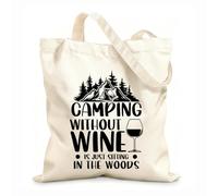 AILOONG Bolsa de tela con asa plana Acampar sin vino es simplemente sentarse en el bosque. Tela de 12 oz de grosor Sustituye a la mochila escolar 31x36cm Mediano