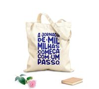 AILOONG Bolsa de tela con asa plana Cartel motivacional en portugués brasileño Un viaje de mil millas comienza con un solo paso. Tela de 340g/m² de grosor Sustituye a la mochila escolar