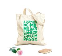 AILOONG Bolsa de tela con asa plana Cartel motivacional en portugués brasileño Un viaje de mil millas comienza con un solo paso. Tela de 340g/m² de grosor Sustituye a la mochila escolar