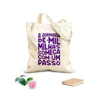 AILOONG Bolsa de tela con asa plana Cartel motivacional en portugués brasileño Un viaje de mil millas comienza con un solo paso. Tela de 340g/m² de grosor Sustituye a la mochila escolar
