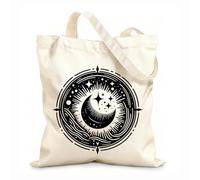 AILOONG Bolsa de tela con asa plana Mandalcósmico celestial con luna creciente, estrellas y ondas dentro de un marco circular. Tela de 12 oz de grosor Sustituye a la mochila escolar 25x30cm Pequeño