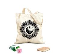 AILOONG Bolsa de tela con asa plana Mandalcósmico celestial con luna creciente, estrellas y ondas dentro de un marco circular. Tela de 12 oz de grosor Sustituye a la mochila escolar 25x30cm Pequeño