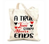 AILOONG Bolsa de tela con correa de cincha Una historia de amor VERDADERA nunca termina, tipografía, diseño para el día de San Valentín. Tela de 12 oz de grosor Bolsa para dibujar 31x36cm Mediano