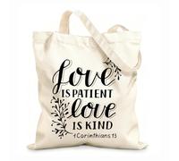 AILOONG Bolsas de almacenamiento de poliéster y algodón Letras a mano con versículo bíblico El amor es paciente. Tela de 12 oz de grosor Eslogan personalizable 25x30cm Pequeño