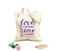 AILOONG Bolsas de almacenamiento de poliéster y algodón Letras a mano con versículo bíblico El amor es paciente. Tela de 340g/m² de grosor Eslogan personalizable