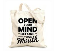 AILOONG Bolsas de compras de poliéster y algodón Abre tu mente antes que tu boca Inspirador Tela de 12 oz de grosor Reutilizable 25x30cm Pequeño