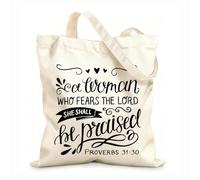 AILOONG Bolsas de compras de poliéster y algodón Letras a mano con versículo bíblico: Una mujer que teme Tela de 12 oz de grosor Reutilizable 25x30cm Pequeño