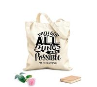 AILOONG Bolsas de compras de poliéster y algodón Tela de 12 oz de grosor Letras a mano con versículo bíblico Con Dios todas las cosas Reutilizable 31x36cm Mediano