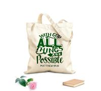 AILOONG Bolsas de compras de poliéster y algodón Tela de 340g/m² de grosor Letras a mano con versículo bíblico Con Dios todas las cosas Reutilizable