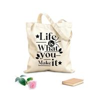 AILOONG Bolsas de lona con estampados personalizables La vida es lo que tú haces de ella, diseño tipográfico con cita motivacional. Tela de 12 oz de grosor Combina con la ropa 25x30cm Pequeño