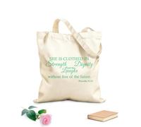 AILOONG Bolsos de calicó para mujer Proverbios bíblicos cristianos: Ella ríe con fuerza y dignidad. Cita inspiradora para el futuro. Tela de 340g/m² de grosor Plegable
