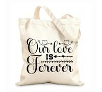 AILOONG Bolsos de lona de algodón para mujer Nuestro amor es para siempre, tipografía del Día de San Valentín con beso de corazón y flecha y citas motivacionales. Tela de 12 oz de grosor 31x36cm