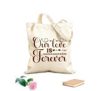 AILOONG Bolsos de lona de algodón para mujer Nuestro amor es para siempre, tipografía del Día de San Valentín con beso de corazón y flecha y citas motivacionales. Tela de 340g/m² de grosor