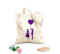AILOONG Bolsos de lona de algodón para mujer Tela de 340g/m² de grosor Silueta de pareja romántica con globo de corazón tomados de la mano Material agradable para la piel