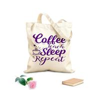 AILOONG café enseñar dormir repetir 2 tipográfico Bolsa de tela con asa plana Tela de 340g/m² de grosor Sustituye a la mochila escolar