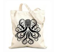 AILOONG Logotipo negro de mandala de pulpo de simetría cósmica Bolsas reutilizables para la compra Tela de 12 oz de grosor Plegable 25x30cm Pequeño
