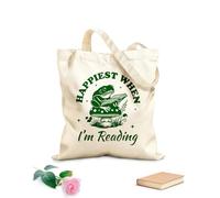 AILOONG Más feliz cuando estoy leyendo tipografía de rana lectora diseño de rana literaria divertida Bolsa de lona con fondo reforzado Tela de 340g/m² de grosor Se usa como bolsa de regalo