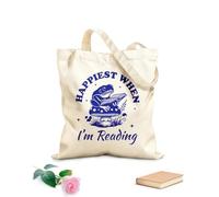 AILOONG Más feliz cuando estoy leyendo tipografía de rana lectora diseño de rana literaria divertida Bolsa de lona con fondo reforzado Tela de 340g/m² de grosor Se usa como bolsa de regalo
