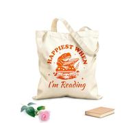 AILOONG Más feliz cuando estoy leyendo tipografía de rana lectora diseño de rana literaria divertida Bolsa de lona con fondo reforzado Tela de 340g/m² de grosor Se usa como bolsa de regalo
