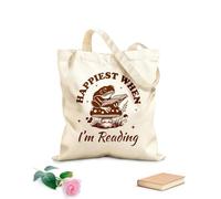 AILOONG Más feliz cuando estoy leyendo tipografía de rana lectora diseño de rana literaria divertida Bolsa de lona con fondo reforzado Tela de 340g/m² de grosor Se usa como bolsa de regalo