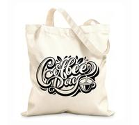 AILOONG Un dibujo de una taza de café con las palabras día del café escritas en ella. Bolsa de lona para vino Tela de 12 oz de grosor Combina con la ropa 31x36cm Mediano