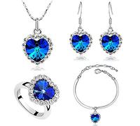 AILUOR de las Mujeres Titanic corazón de la Pulsera Pendientes del océano Collar y Anillos de joyería Set Blue Ajustable