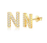 AILUOR Inicial Stud Pendientes para Mujeres, S925 Sterling Silver CZ Letra Stud Pendientes Hipoalergénico Personalizado Alfabeto Nombre Pendientes Regalos de Cumpleaños Joyería Inicial (N-Oro)