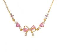 AILYFIRMO Pulsera/collar de circonitas con lazo exquisito - Pulsera/collar de la amistad con nudo de amor ajustable con circonitas rosas (Gold necklace)
