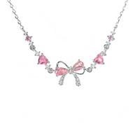 AILYFIRMO Pulsera/collar de circonitas con lazo exquisito - Pulsera/collar de la amistad con nudo de amor ajustable con circonitas rosas (Silver necklace)