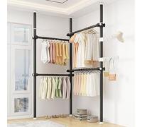 AILZCFX Perchero Telescópico 3 Postes 4 Barras Riel para Ropa Resistente para Dormitorio, Sistema De Almacenamiento De Riel para Colgar Ropa De Altura Ajustable De 110-310 Cm con 2 Ganchos