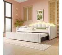 AilZylphera Cama infantil 90/180 x 200 cm, tapizada con cama nido, sofá cama con somier, marco de cama con somier, cama de día o sofá cama de terciopelo, cama juvenil/funcional sin colchón (Beige 4)