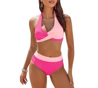 AI'MAGE Traje de Baño para Mujer Estampado Floral Cuello en V Dos Piezas Conjunto Bañador Alta Bikini, Rosa 2, S