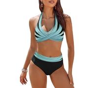 AI'MAGE Traje de Baño para Mujer Estampado Floral Cuello en V Dos Piezas Conjunto Bañador Alta Bikini, Azul, L