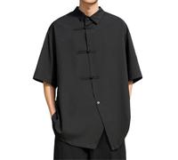AIMAIBMLD Men's Shirt Black Ice Silk Vintage Chinese Style Summer Lightweight for Blouse-Black-XX-Large