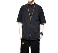 AIMAIBMLD Men's Shirt Chinese Style Cardigan Jacket Open Front Outerwear -Black-Large