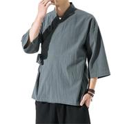 AIMAIBMLD Men's Shirt Chinese Style Cardigan Jacket Open Front Outerwear -Blue-Medium