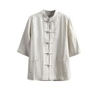 AIMAIBMLD Men's Shirt Chinese Style Linen Shirt Vintage Short Sleeve Casual for Blouse-Apricot-X-Large