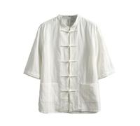 AIMAIBMLD Men's Shirt Chinese Style Linen Shirt Vintage Short Sleeve Casual for Blouse-White-Medium