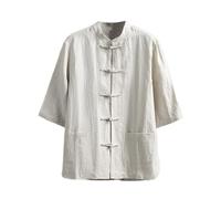 AIMAIBMLD Men's Shirt Chinese Style Linen Vintage Mandarin Collar Top for Blouse-Apricot-Small