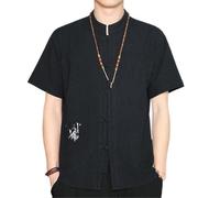 AIMAIBMLD Men's Shirt Chinese Style Linen Vintage Mandarin Collar Top for Blouse-Black-Medium