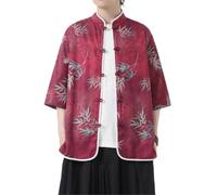 AIMAIBMLD Men's Shirt Chinese Style Short Sleeve Ice Silk Vintage Printed Loose for Blouse-Red-Small