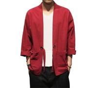 AIMAIBMLD Men's Shirt Chinese Style Summer Cardigan Jacket Lightweight Open Front for Blouse-Red-Small